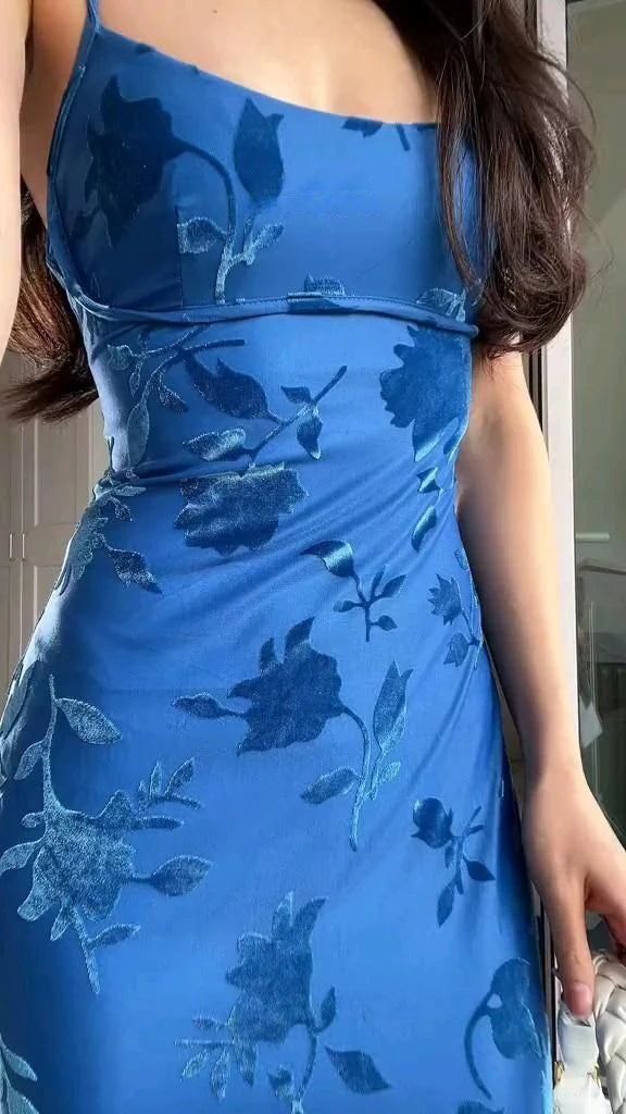 Classy Mermaid Spaghetti Straps Floral Blue Prom Dresses Satin Summer Wedding Guest Dresses Wedding Guest Outfits DP741