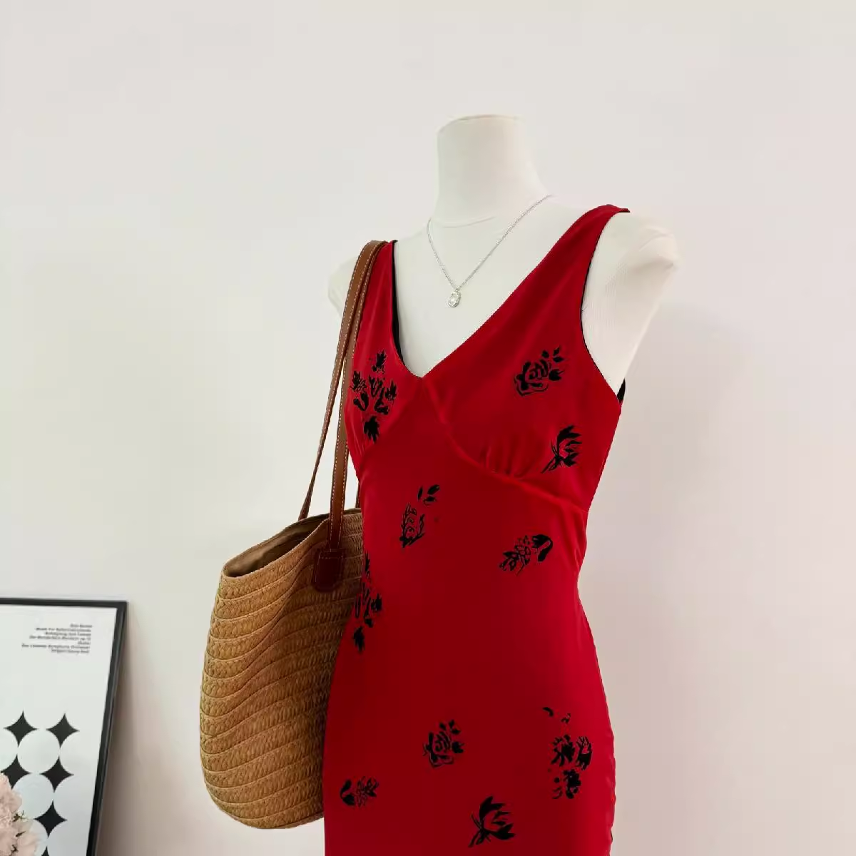 Cute A line V Neckline Red Floral Long Summer Dress For Women DP0011