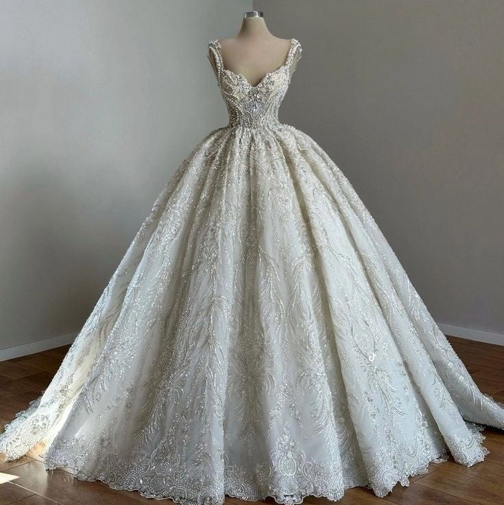 Robe de mariée unique, robe de bal, bretelles, col, paillettes blanches, jolies robes de mariée DH1222