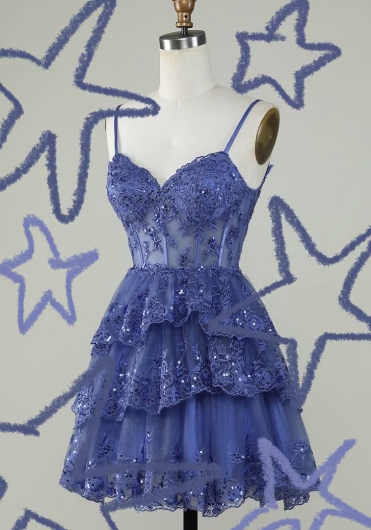 Unique A line Spaghetti Straps Blue Lace Short Mini Formal 7th Grade Homecoming Dresses Middle School Short Cocktail Night Dress Hoco Outfits DH1513