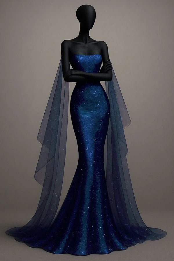 Sexy Mermaid Strapless Royal Blue Sequin Long Prom Dresses Party Dress 20th Birthday Outfits Graduation Dresses DH1881