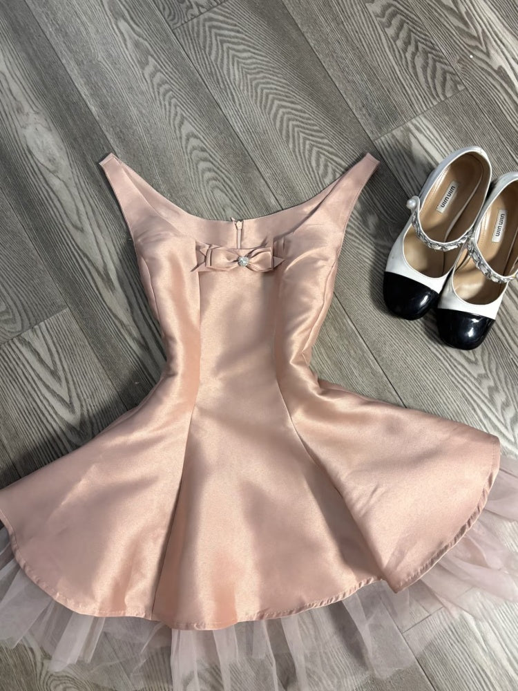 Cute A line Scoop Pink Satin Short Mini Formal 8th Grade Homecoming Dresses Middle School Short Cocktail Dress Hoco Outfits DH2082