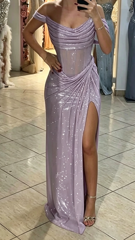 Robe de soirée sirène scintillante à épaules dénudées et paillettes bleues, longue fente, robe de soirée, robe de bal DH2318