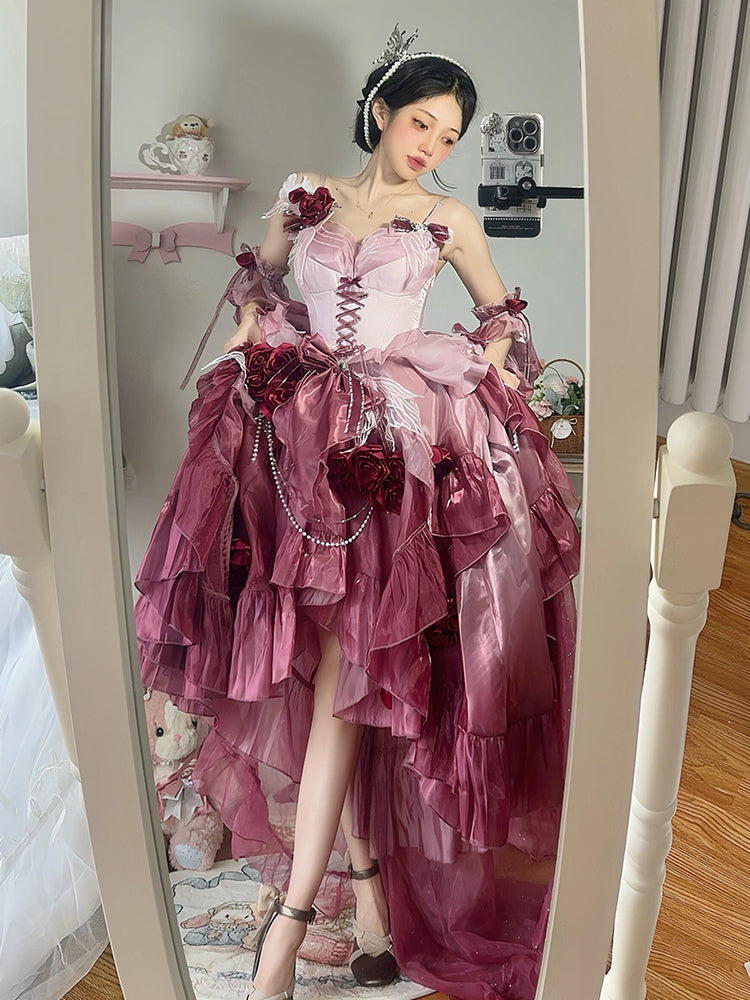 Vintage Ball Gown Spaghetti Straps Chiffon Summer 18th Birthday Dress High Low Ombre Pink Lolita Dress 18th Birthday Outfits DH2416