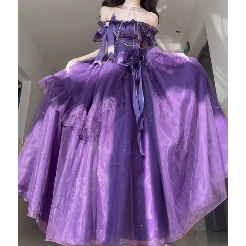 Vintage Ball Gown Off The Shoulder Grape Tulle 22th Birthday Dress Lolita Dress Long Lolita Outfits DH2441