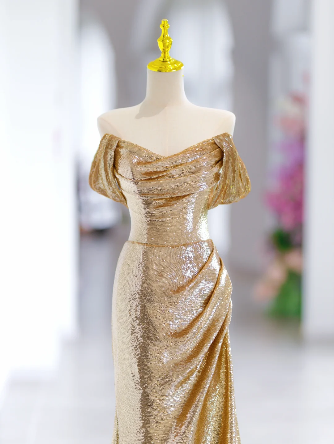 Modest Mermaid Off The Shoulder Gold Sequin Long Evening Party Gowns Evening Dress Special Formal Dresses Prom Dress DH2791