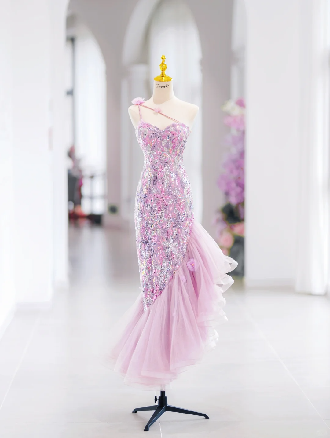 Modest Mermaid One Shoulder Pink Sequin Long Evening Party Gowns Evening Dress Special Formal Dresses Prom Dress DH2792