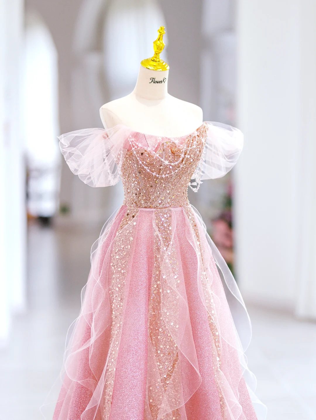 Cute A line Off The Shoulder Sequin Pink Tulle Long Evening Party Gowns Evening Dress Special Formal Dresses Prom Dress DH2798
