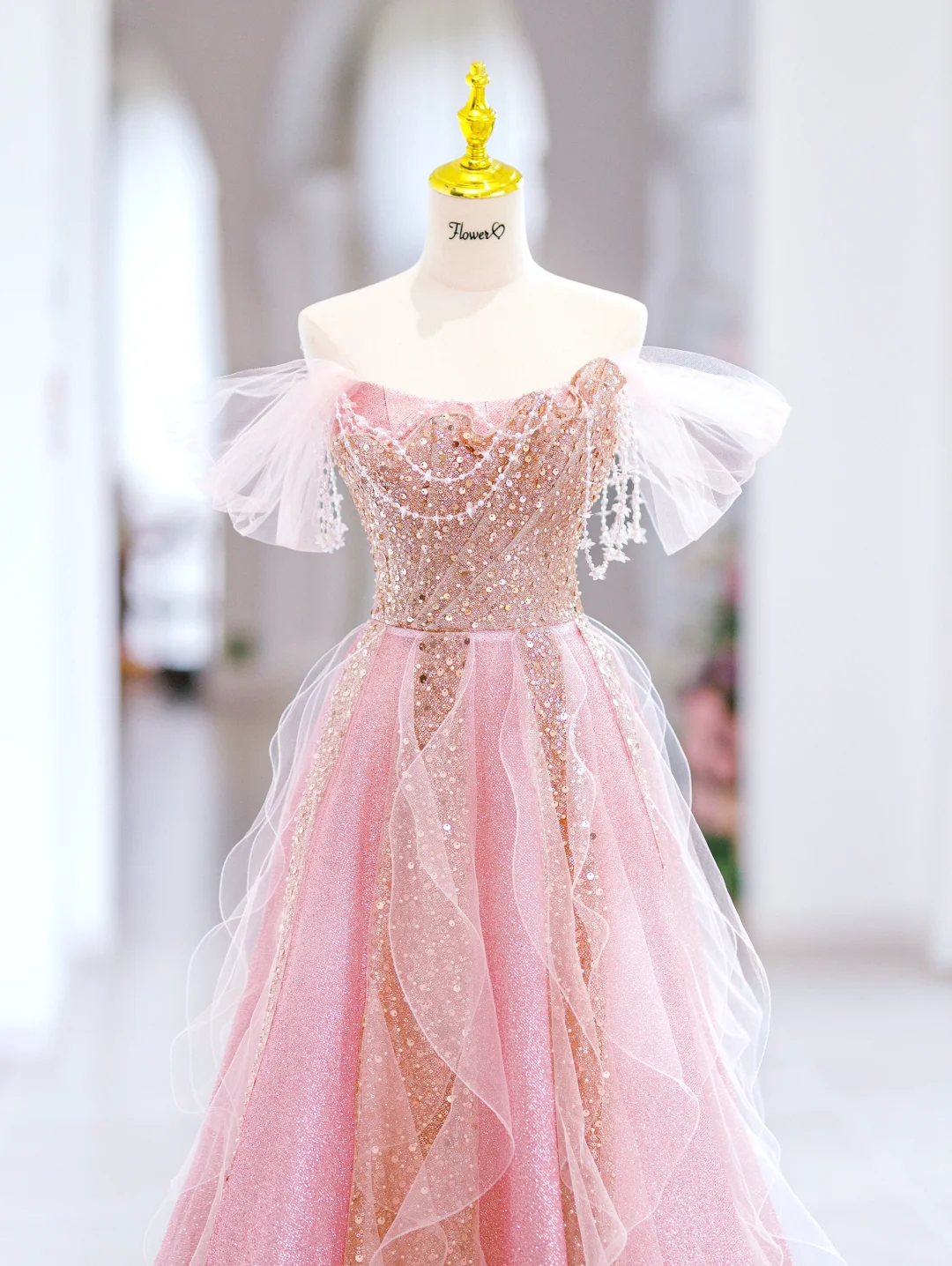 Cute A line Off The Shoulder Sequin Pink Tulle Long Evening Party Gowns Evening Dress Special Formal Dresses Prom Dress DH2798