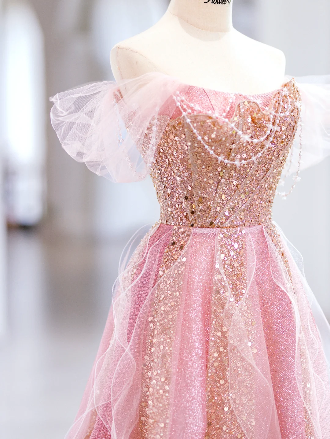 Cute A line Off The Shoulder Sequin Pink Tulle Long Evening Party Gowns Evening Dress Special Formal Dresses Prom Dress DH2798