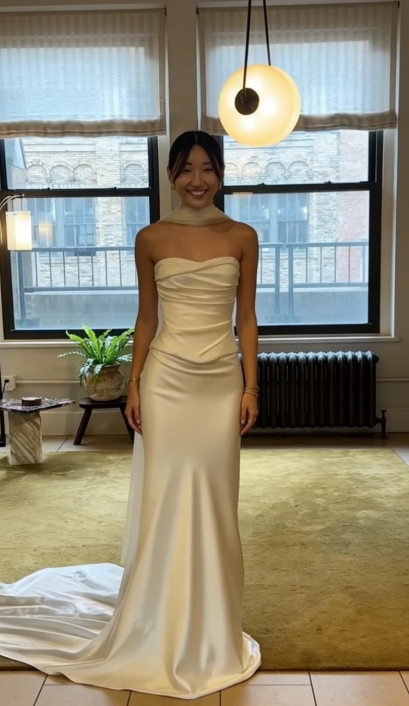 Robe de mariée éthérée fourreau bustier en satin longue ivoire, robes de mariée DH863