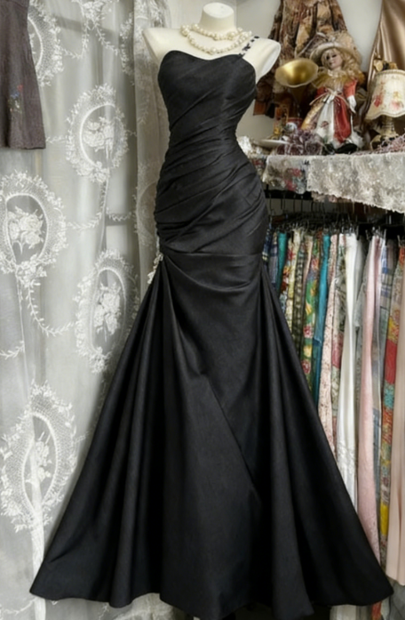 Chic One-shoulder Sheath Black Prom Dresses Satin Sleeveless Long Evening Dresses DP04199
