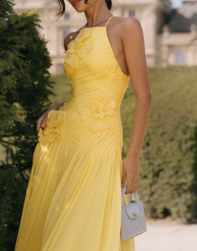 Vintage Sheath Yellow Prom Dresses Beaded Halter Long Evening Dresses Sleeveless Party Dresses DP04606
