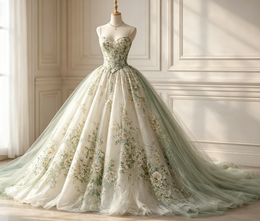 Cute Green Long Prom Dress Floral Tulle Ball Gown Sleeveless Evening Dress Sweet 16 Dress DP04875