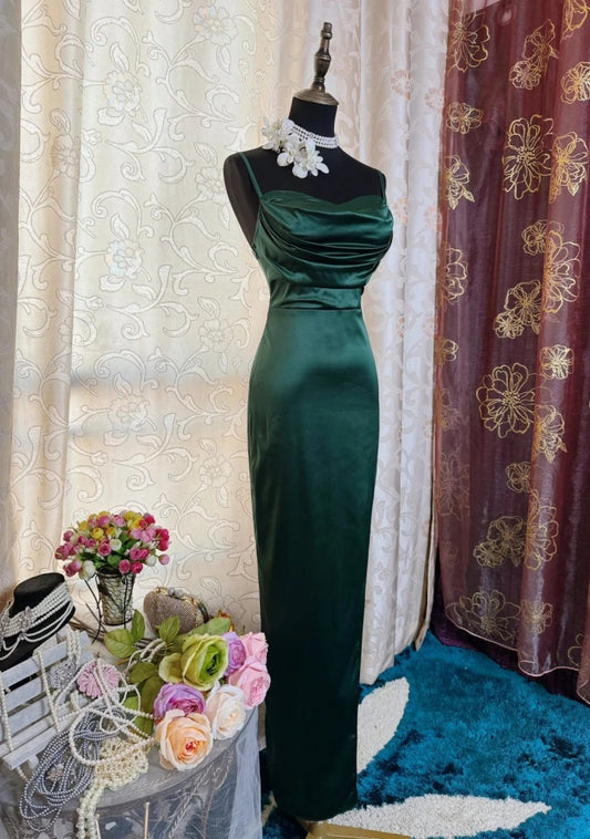 Classy Sheath Dark Green Prom Dress Spaghetti Straps Satin Sleeveless Long Evening Dress DP05095
