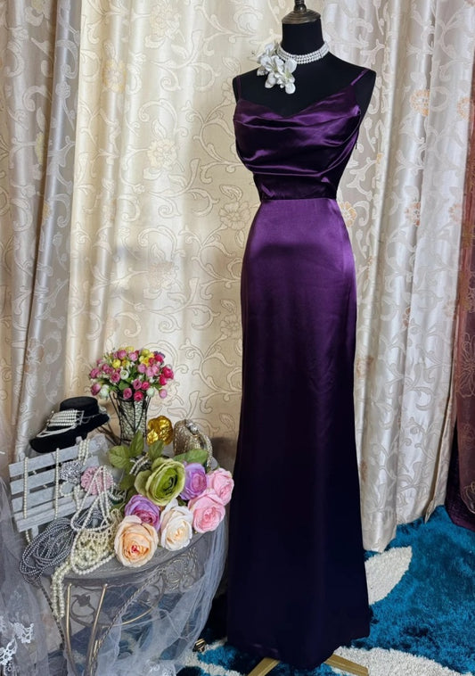Classy Sheath Dark Purple Prom Dress Spaghetti Straps Satin Sleeveless Long Evening Dress DP05096