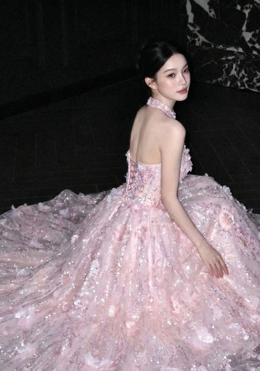 Classy A-Line Pink Prom Dress Tulle Strapless Appliques Birthday Dress Sleeveless Long Evening Dress DP05099