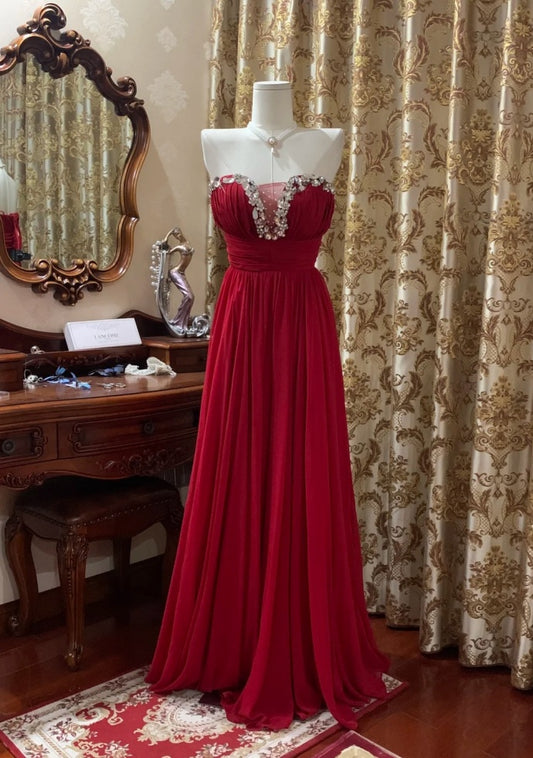 Classy Sheath Red Prom Dress Chiffon Strapless Birthday Dress Sleeveless Long Evening Dress dp05100