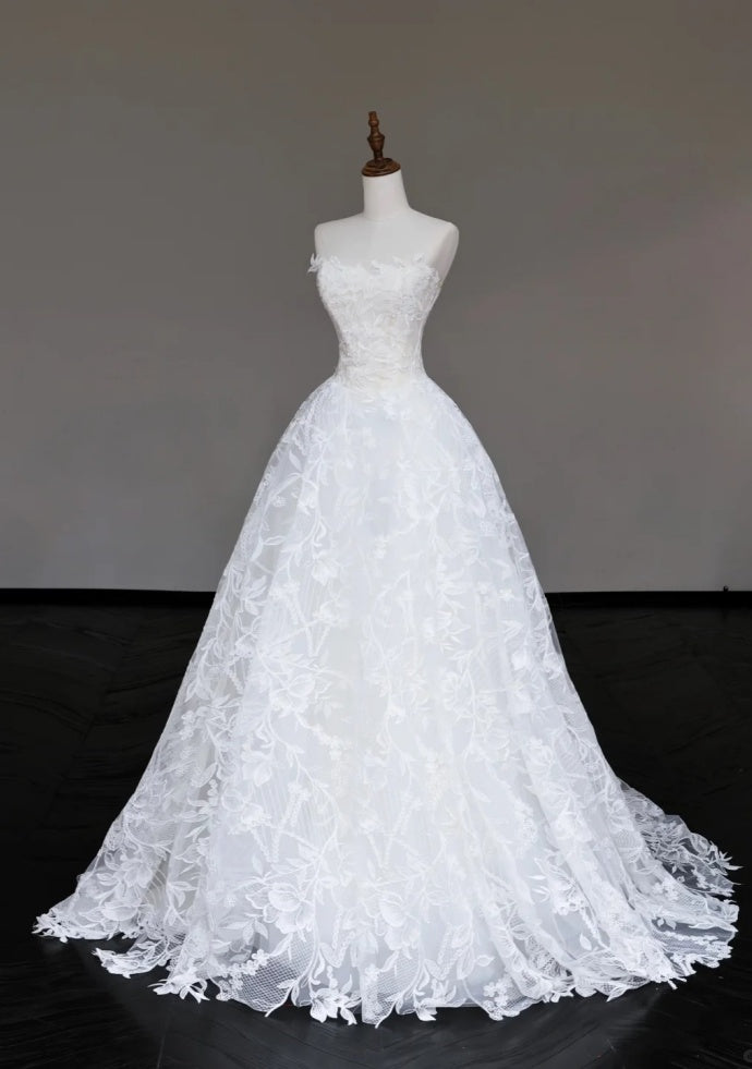 Elegant White Wedding Dress Tulle A-Line Bridal Gowns Sleeveless Birdal Dress DP05203