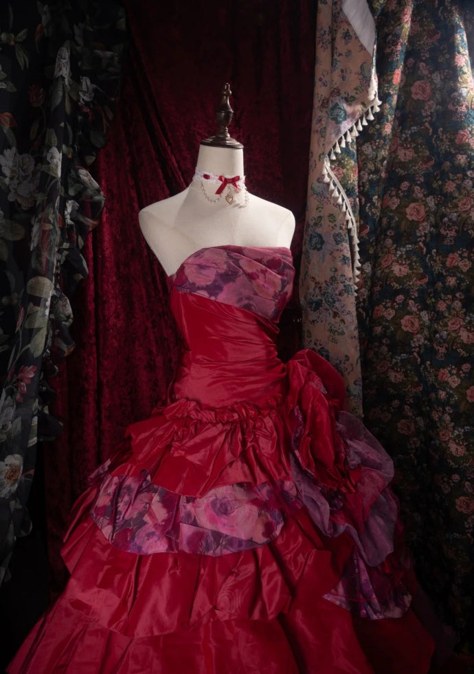 Chic Burgundy Prom Dress Satin A-Line Evening Dress Strapless Sweet 16 Dress DP05112