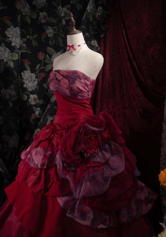 Chic Burgundy Prom Dress Satin A-Line Evening Dress Strapless Sweet 16 Dress DP05112