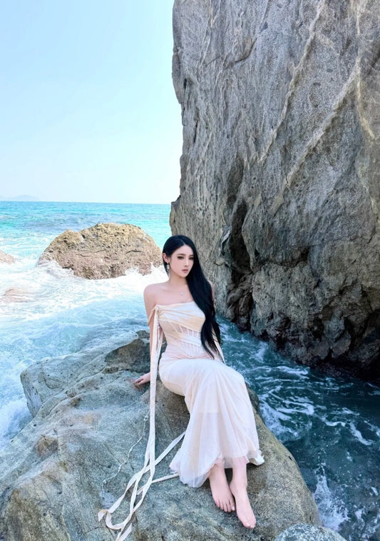 Chic Champagne Bridesmaid Dress Sheath Evening Dress Chiffon Strapless Party Dress DP05113