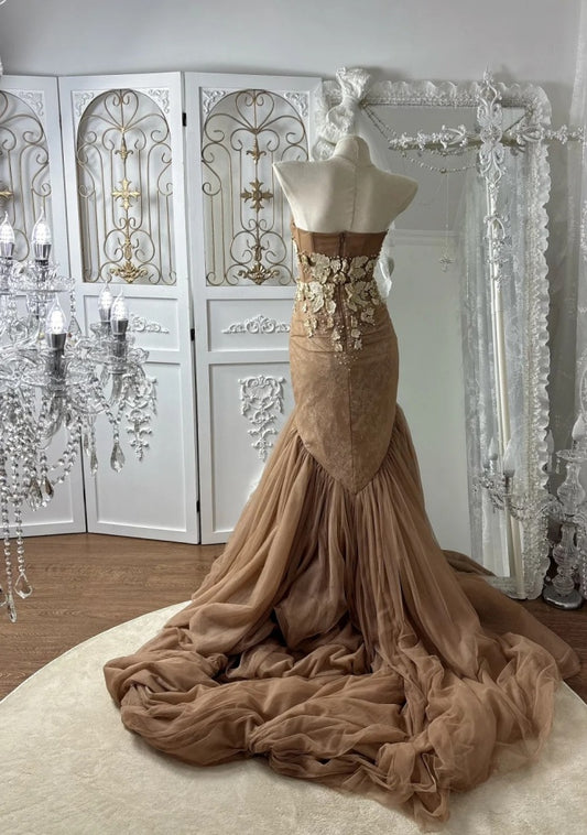 Gorgeous Chocolate Brown Prom Dress Tulle Applique Mermaid Evening Dress DP05114