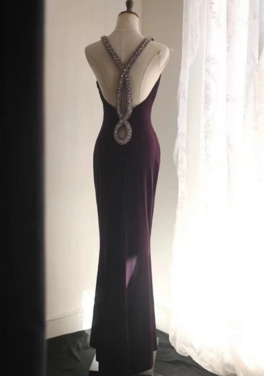 Gorgeous Dark Purple Prom Dress Chiffon V-Neck Sheath Evening Dress DP05116