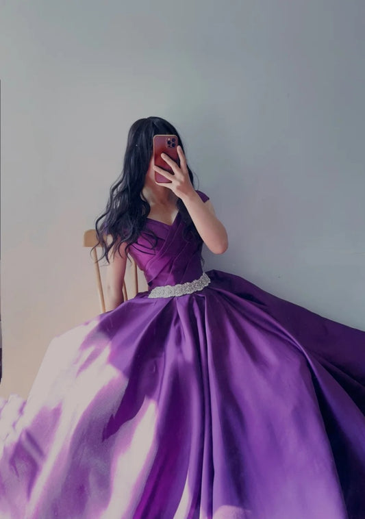 Cute Purple Prom Dress Satin A-Line Evening Dress V-neck Birthday Dress DP05119