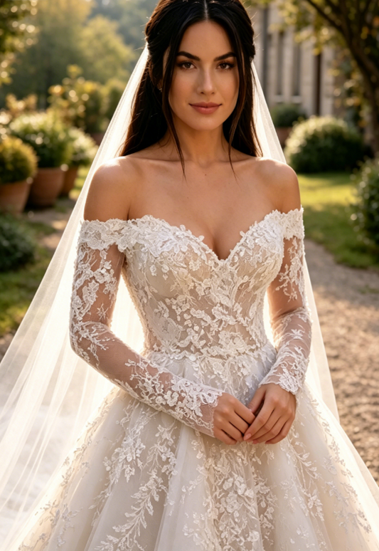 Chic A-Line Long Wedding Dress Off-shoulder Tulle Appliques Bridal Gowns White Sleeves Bridal Dress DP05342