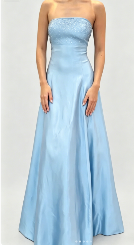 Elegantes blaues Ballkleid Trägerlos A-Linie Satin Pailletten Langes Abendkleid DP05440