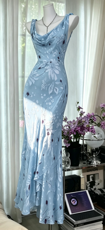 Elegante Spaghettiträger Etui Chiffon Langes Abendkleid Blaues Hochzeitsgastkleid DP05461