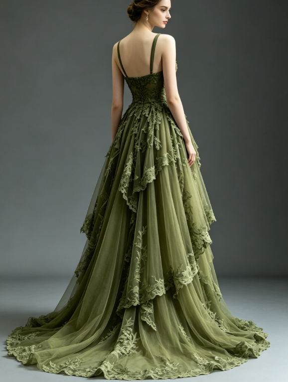 Elegantes Spaghettiträger A-Linien-Tüll-Applikations-Abendkleid Olivgrünes Ballkleid DP05622