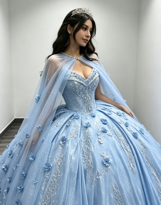 Gorgeous Sweetheart Ball Gown Quinceanera Dress Satin Applique Long Birthday Dress Pale Blue Sweet 16 Dress DP05644