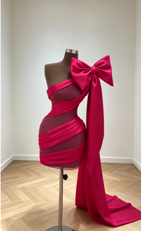Sexy Hot Pink Hoco Dress One-shoulder Bodycon Dress for Party Satin Birthday Dress DP06313