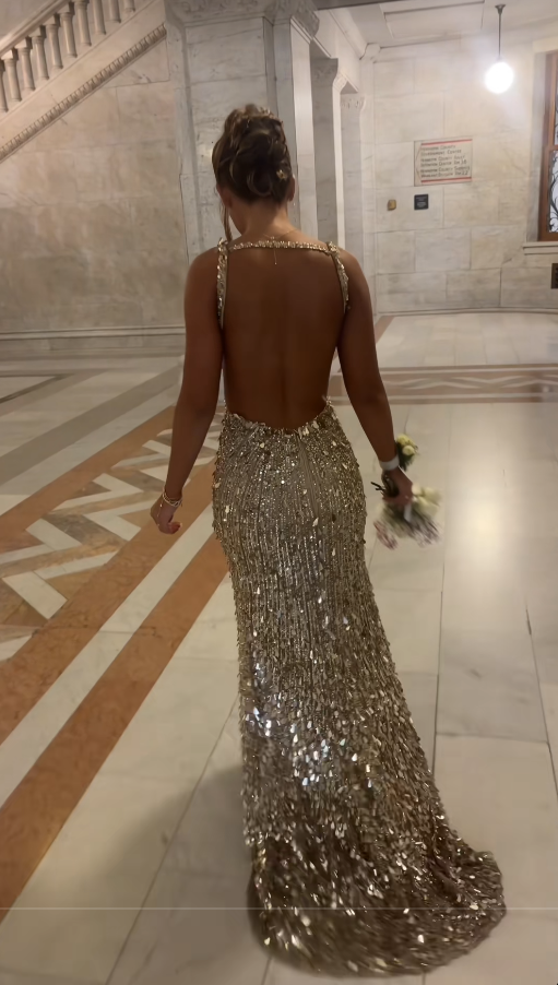 Robe de bal chic dorée fourreau à sequins longue robe de soirée DP07701