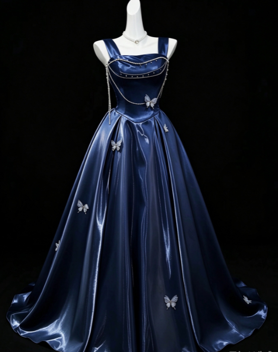 Schickes marineblaues A-Linien-Abschlussballkleid aus Satin, langes Abendkleid DP07703