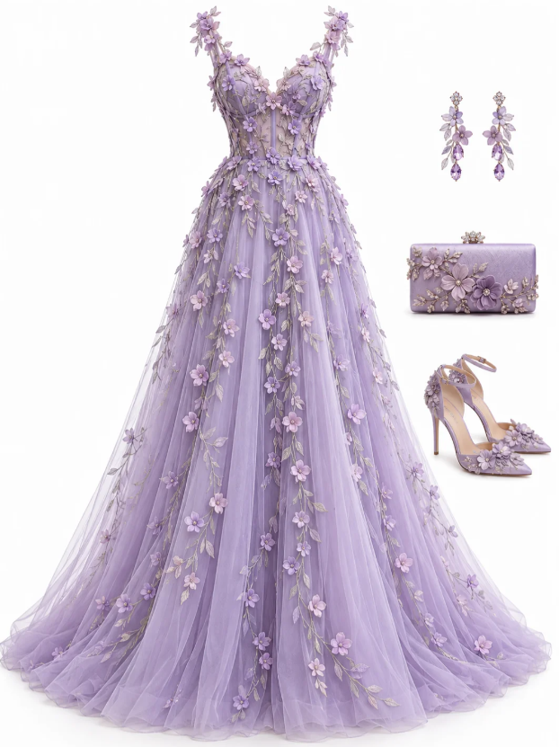 Robe de bal vintage violette, robe de soirée longue en tulle coupe trapèze DP07710