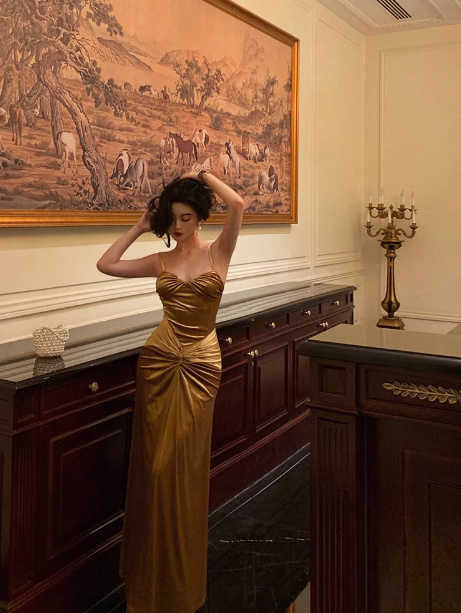 Elegantes Meerjungfrau-Gold-Satin-Kleid zum 21. Geburtstag, Partykleid, Geburtstags-Outfits, Geburtstagskleid-Ideen für Frauen, DP1450