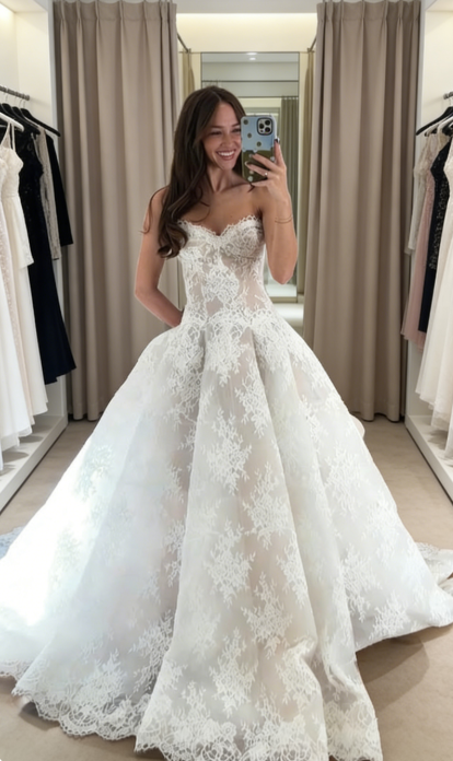 Robe de mariée classique, robe de bal, décolleté en cœur, dentelle, blanche, minimaliste, DP1614