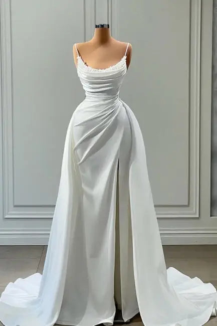 Magnifique robe de mariée blanche longue trapèze à bretelles spaghetti et perles DP625
