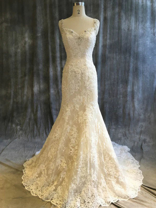 Magnifique robe de mariée sirène en tulle et dentelle, col en V, perles, DP629