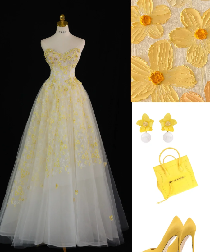Atemberaubendes Ballkleid mit Herzausschnitt und gelbem Tüll und Blumenmuster, langes Ballkleid, Partykleid, Abschlusskleider DP806