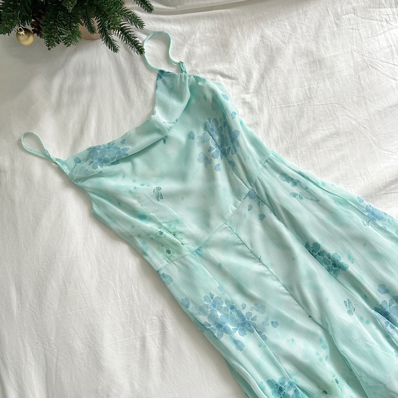 Sexy Mermaid Spaghetti Straps Floral Blue Summer Dress Holiday Party Outfits For Women DP0085