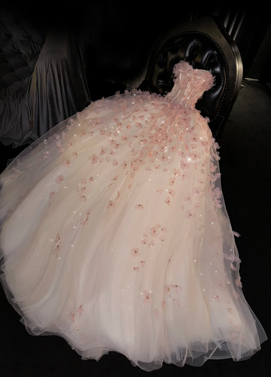 Unique Ball Gown Sweetheart Pink Tulle Long Quinceanera Dresses Sweet 16 Dress Formal Vestido De 15 Anos W0293