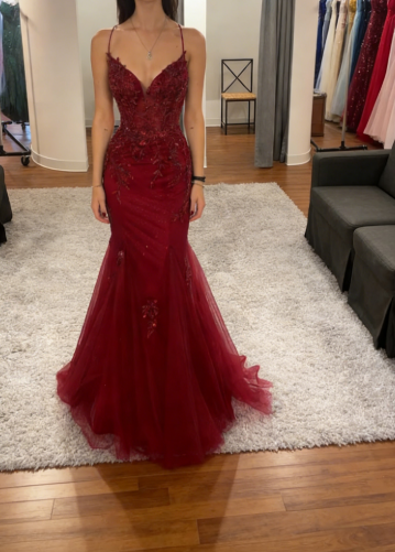 Robe de bal longue dos nu en tulle rouge, élégante, à bretelles sirène, tenue de soirée, d'anniversaire, de remise de diplôme, W0513