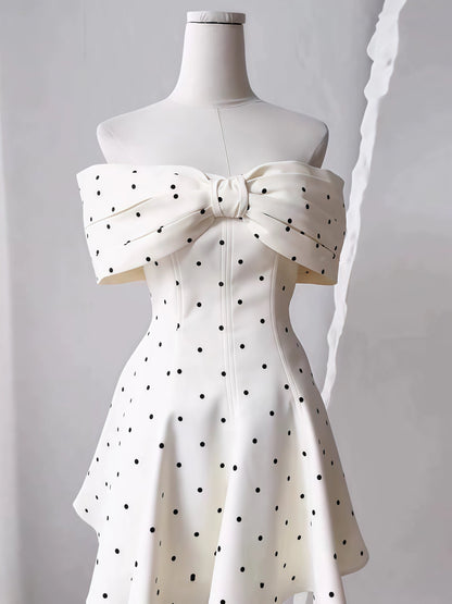 Cute A line Off The Shoulder Black Polka Dots Short Satin Formal Homecoming Dresses Party Graduation Dress Hoco Dresses DH2772