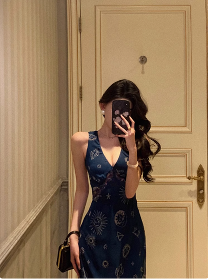 Vintage A line V Neckline Navy Blue Chiffon 18th Birthday Dress Party Gown Birthday Outfits For Women DP0196