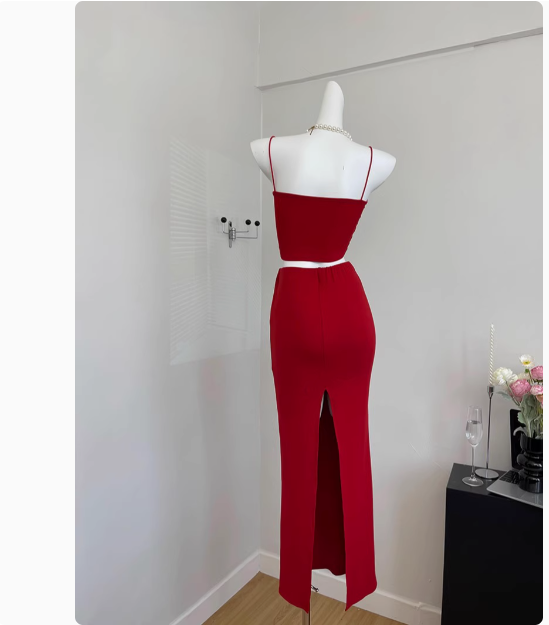 Cute Mermaid Spaghetti Straps 2 Pieces Red Long Summer Dress For Women DP0013