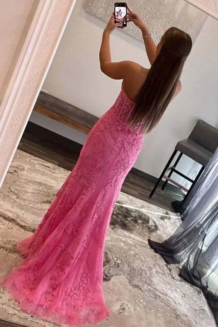 Pretty Mermaid Strapless Corset Lace Prom Dress with Slit DP295